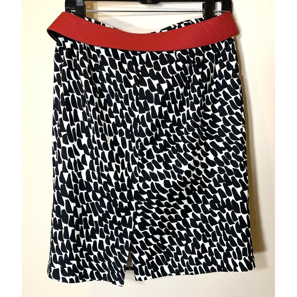 Ann Taylor Skirt Womens 6 Silk Black White Pencil Straight Geo Print w/Red Belt - Picture 2 of 10